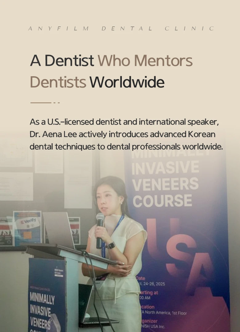 Dr. Anna Lee presenting on advanced Korean dental techniques to dental professionals worldwide