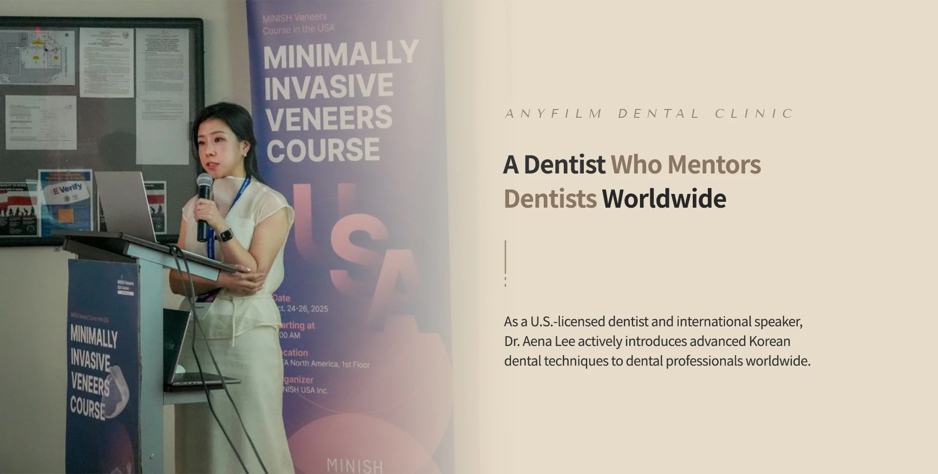 Dr. Anna Lee presenting on advanced Korean dental techniques to dental professionals worldwide